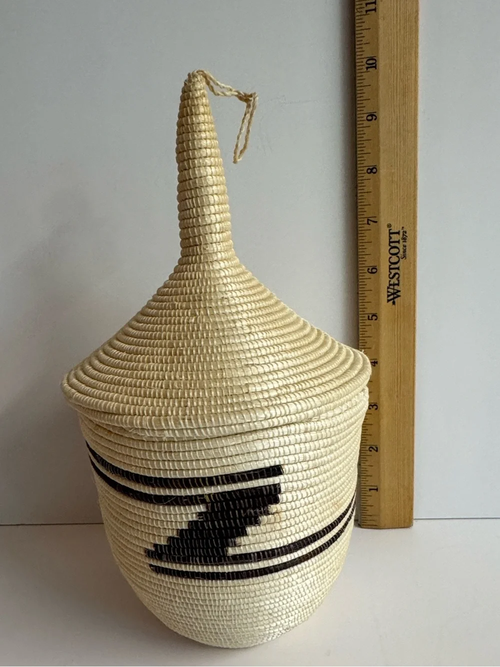 Vintage Tutsi African Woven Decorative Lidded Basket in Natural and Brown.